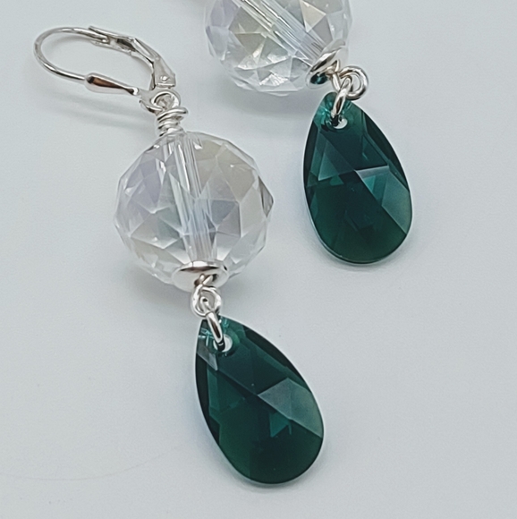 Sterling Silver Emerald Green Swarovski Crystal Dangle Earrings - Picture 3 of 7